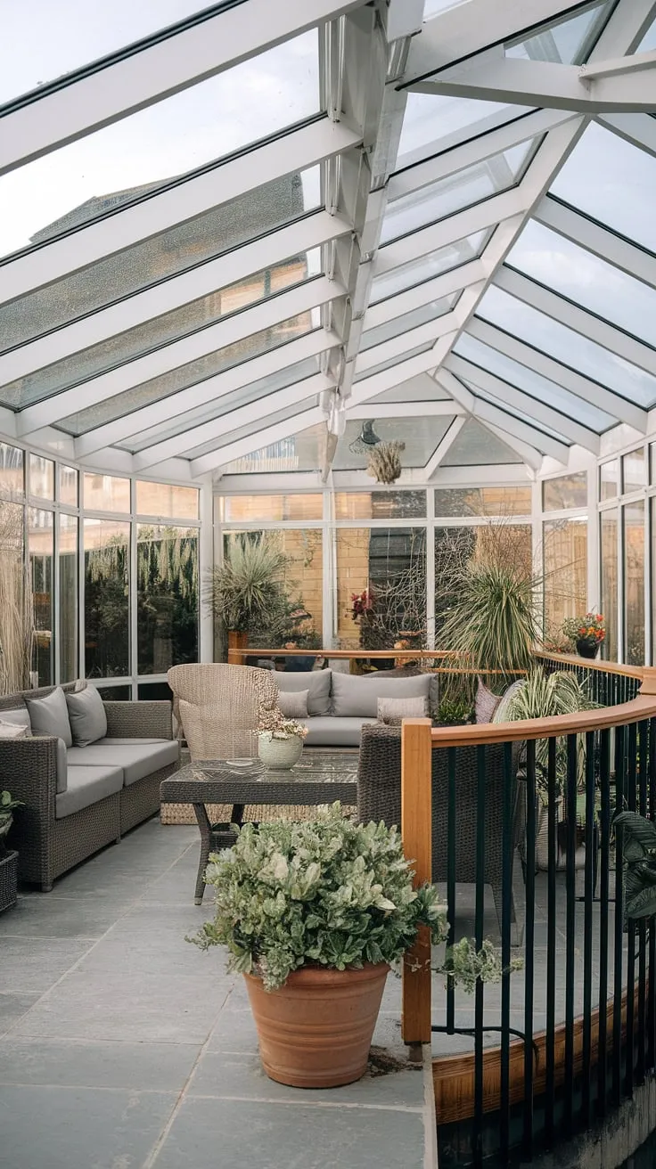 Escape to tranquility in this modern conservatory, where a glass roof bathes a terrace lounge in natural light.  Sunroom designs don't get more serene; perfect for dream home ideas and inspiring backyard patio designs.