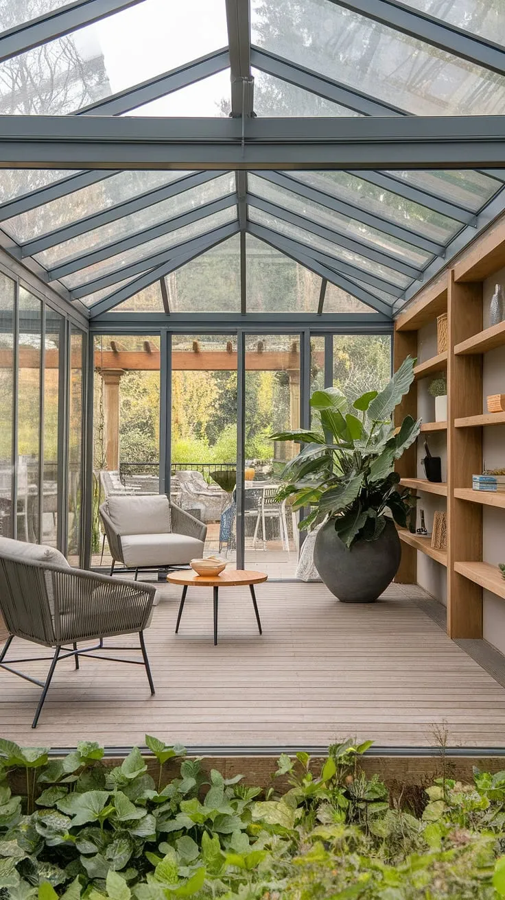 Imagine waking up to sunlight streaming through the glass roof of your dream home. This modern conservatory seamlessly blends sunroom designs with a tranquil terrace lounge, offering the perfect spot to unwind amidst lush greenery.  The thoughtful backyard patio designs and built-in shelving complete this idyllic sunrooms retreat.