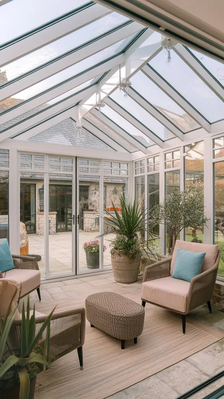 Imagine waking up to sunlight streaming through the glass roof of your dream home. This modern conservatory, complete with a tranquil terrace lounge, offers the perfect blend of sunroom designs and sophisticated backyard patio designs.  It's more than just a room; it's a sanctuary, a testament to inspired sunrooms and the epitome of dream home ideas.