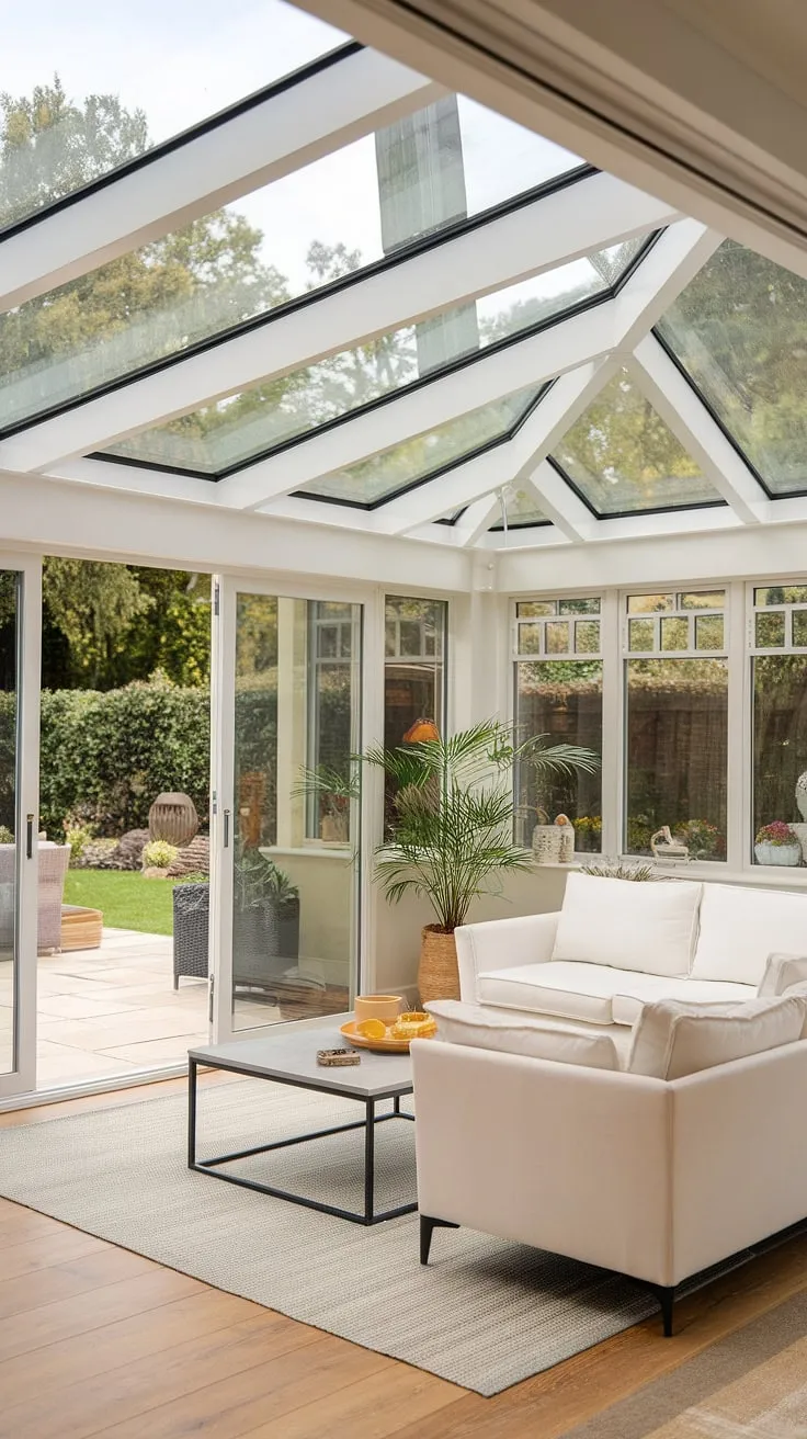 Imagine relaxing in this sun-drenched sunroom, a modern conservatory boasting a glass roof and breathtaking views.  The terrace lounge offers the perfect spot to unwind, while the sliding glass door opens onto inviting backyard patio designs. This is more than just a room; it's a gateway to your dream home ideas, a sanctuary of light and tranquility.
