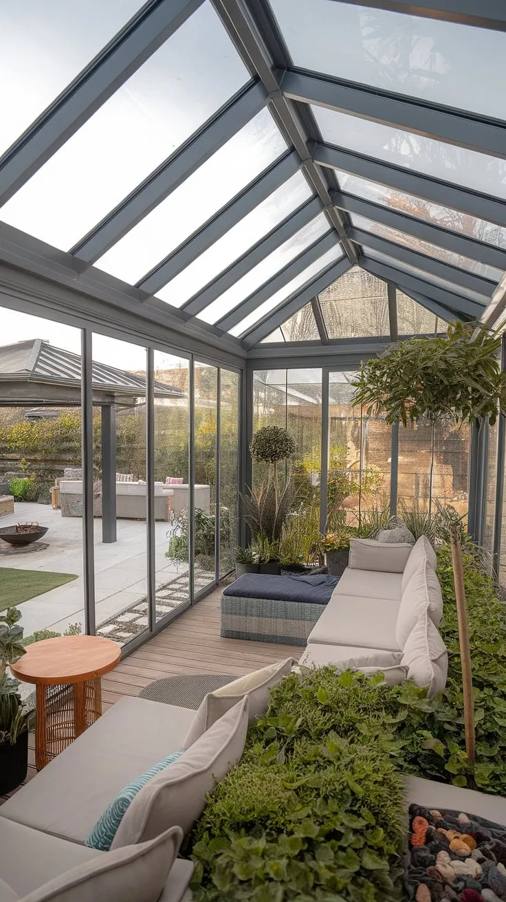 Escape to tranquility in this modern conservatory, where a glass roof bathes a terraced lounge in natural light.  Sunroom designs don't get more inviting than this, seamlessly blending indoor comfort with outdoor serenity.  The backyard patio designs complete the picture, creating a dream home escape.