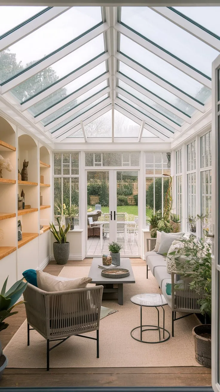 Escape to your own private paradise in this modern conservatory, a sunroom brimming with natural light thanks to its stunning glass roof.  The terrace lounge area, complete with comfortable seating, invites relaxation and offers seamless access to breathtaking backyard patio designs, making it the perfect addition to any dream home ideas.