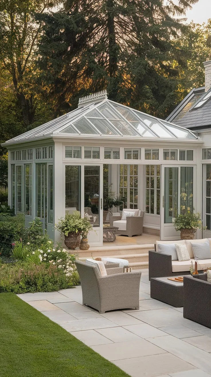 Step into tranquility. This dream home boasts a stunning modern conservatory, a sunroom bathed in natural light thanks to its expansive glass roof, seamlessly flowing into a sophisticated terrace lounge.  The exquisite sunroom designs extend to a charming backyard patio, complete with a cozy fireplace, offering the perfect blend of indoor and outdoor living.