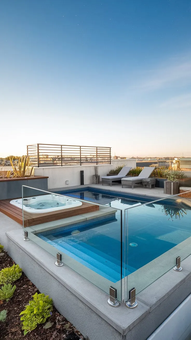 Escape the everyday in this luxurious rooftop oasis.  The small rooftop pool, a perfect plunge pool, overlooks the city lights.  Hot tub ideas are brought to life with the adjacent spa, creating the ultimate outdoor living space. This pool deck with hot tub offers the perfect blend of relaxation and entertainment, transforming a small backyard oasis into a private retreat.  The terrace pool and its surrounding plunge pool patio are a testament to innovative spa patio ideas.