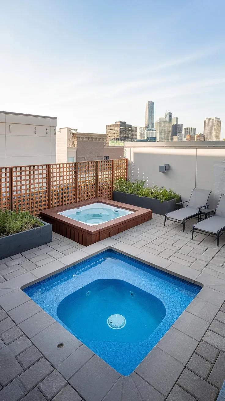 Escape the city bustle on this luxurious rooftop terrace.  The small rooftop pool and adjacent plunge pool offer the ultimate relaxation, while the hot tub ideas incorporated into the pool deck with hot tub design create a truly unique outdoor living space.  This small backyard oasis, a perfect example of spa patio ideas, transforms a small space into a private plunge pool patio.