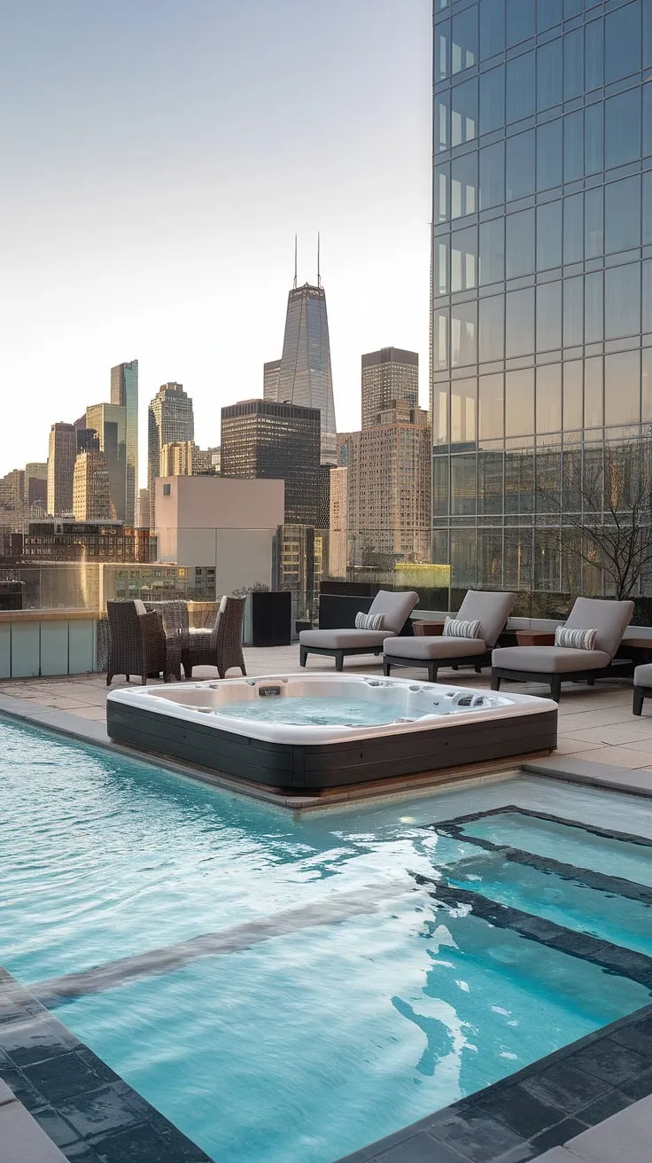 Escape the everyday in this luxurious outdoor living space.  The small rooftop pool, a perfect plunge pool, offers breathtaking city views, complemented by a hot tub nestled beside it on the pool deck with hot tub.  This terrace pool and hot tub ideas create a small backyard oasis, a true spa patio ideas haven.