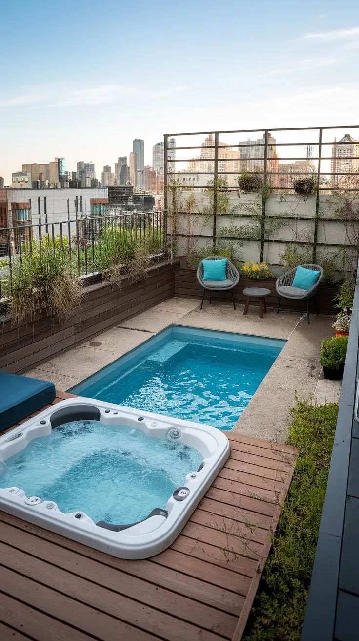 Escape the city bustle in this small backyard oasis.  This rooftop pool, featuring a concrete plunge pool and hot tub, offers the ultimate in spa patio ideas. The pool deck with hot tub provides a luxurious outdoor living space, perfect for relaxation.  Consider this terrace pool design for your own hot tub ideas.