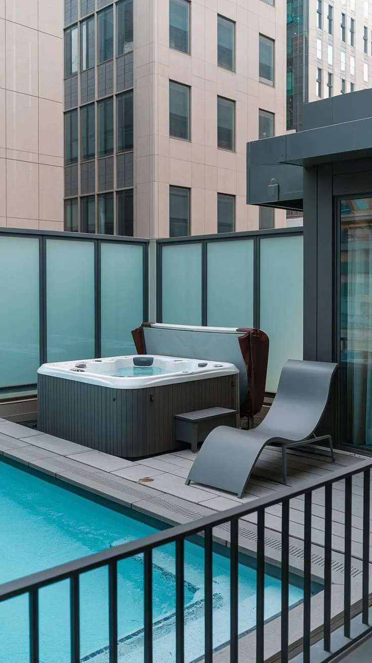 Imagine unwinding after a long day in your own private sanctuary. This small rooftop pool, complete with a terrace pool and elevated hot tub, provides the perfect plunge pool patio for ultimate relaxation.  Explore these hot tub ideas to create your dream outdoor living space, even in a small space.