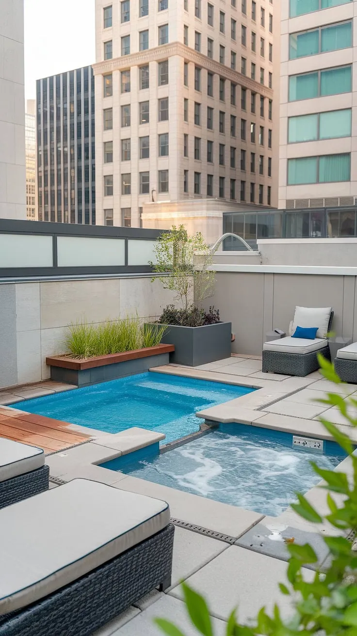 Imagine unwinding in this serene small rooftop pool setting.  The intimate plunge pool and luxurious hot tub provide the perfect blend of relaxation and rejuvenation. This outdoor living space, showcasing clever hot tub ideas, transforms a small area into a private sanctuary.  The perfect example of a plunge pool patio and a stunning terrace pool design.