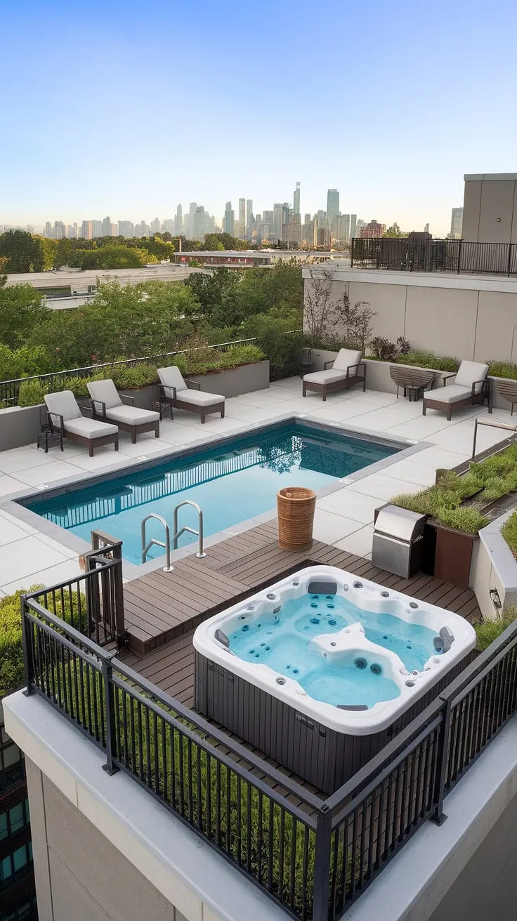 Escape the everyday in this serene rooftop oasis.  The small rooftop pool and adjacent hot tub offer the ultimate relaxation, transforming this small backyard oasis into a luxurious spa patio.  Perfect examples of hot tub ideas and pool deck with hot tub designs, this plunge pool patio is an idyllic outdoor living space.