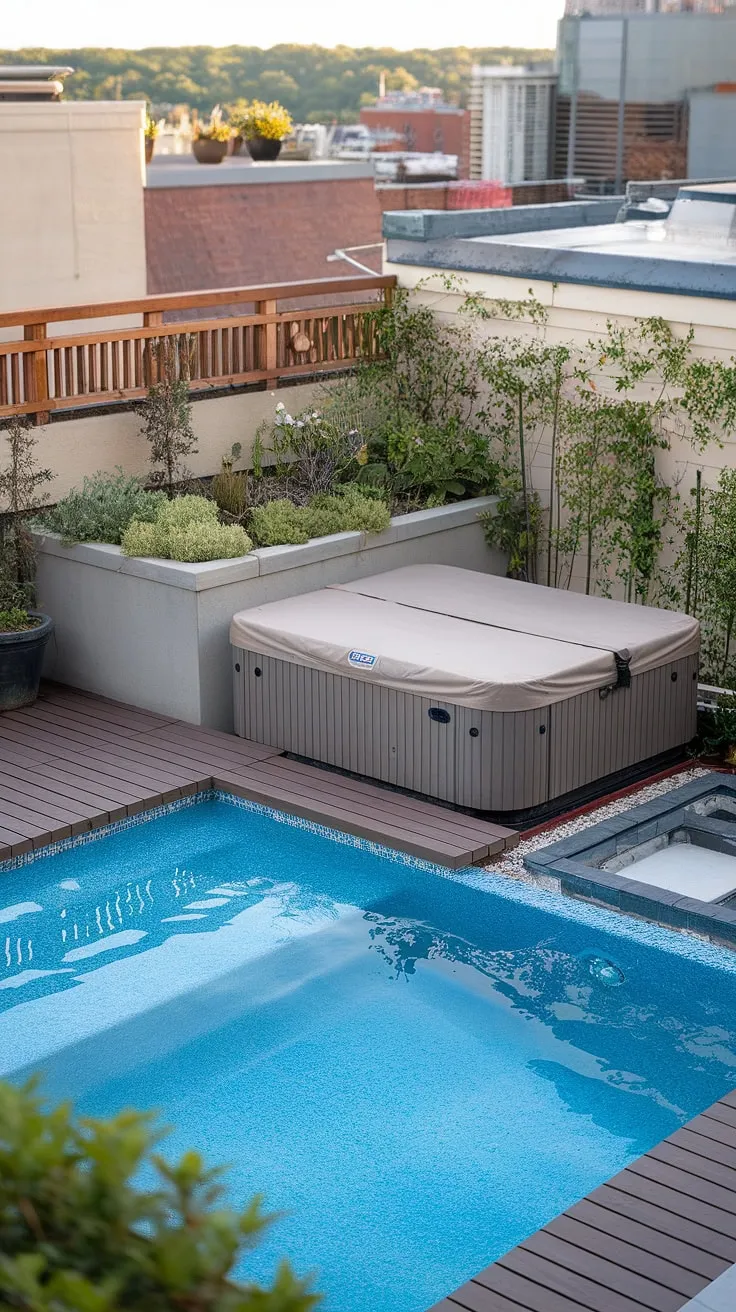 Escape the city bustle in this small rooftop pool oasis.  The plunge pool and adjacent hot tub, nestled on a sun-drenched pool deck with hot tub, offer the ultimate spa patio ideas for relaxing evenings. This outdoor living space, a perfect example of small backyard oasis design, transforms a terrace pool into a private sanctuary.