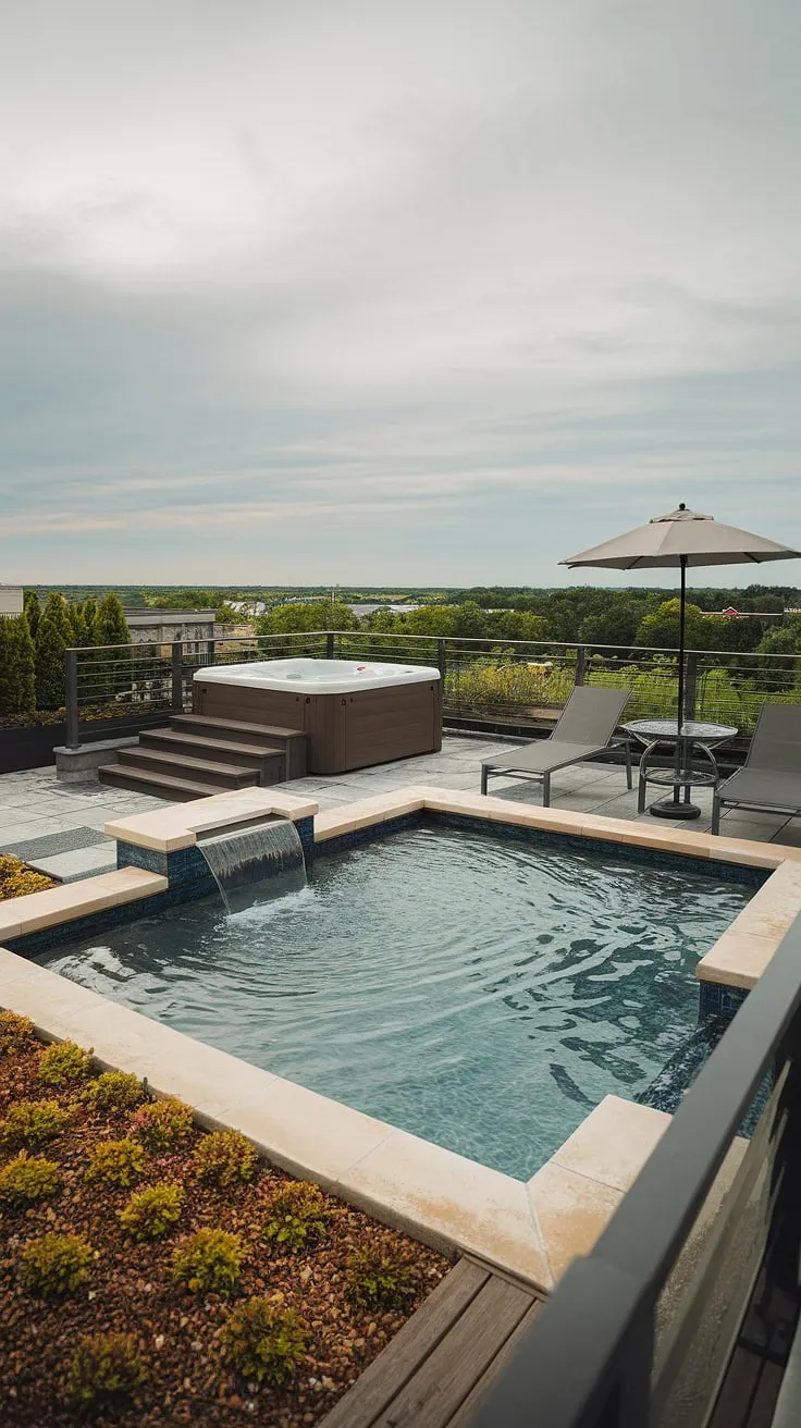 Escape the everyday on this stunning rooftop terrace.  The cascading waterfall of the plunge pool, paired with the inviting hot tub, creates the ultimate small rooftop pool and outdoor living space.  Perfect hot tub ideas for maximizing a small backyard oasis or creating a luxurious spa patio ideas. This plunge pool patio is the definition of a small backyard oasis.