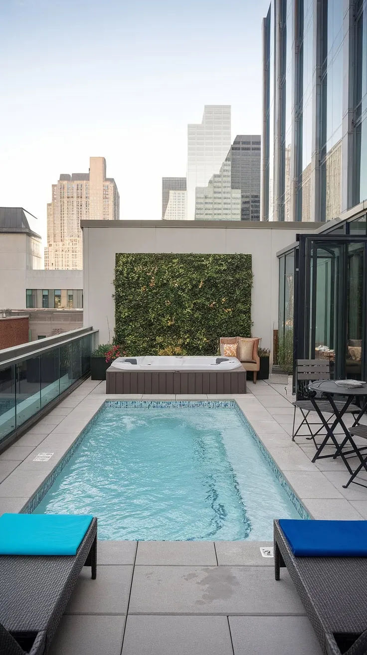 Imagine your own private sanctuary: a small rooftop pool and hot tub nestled amidst a lush green wall, overlooking the city skyline. This plunge pool patio is the epitome of luxury, offering a tranquil escape in a compact outdoor living space.  Explore hot tub ideas and create your own small backyard oasis with this inspiring terrace pool design.  The perfect blend of plunge pool and pool deck with hot tub makes this small rooftop pool an unforgettable retreat.