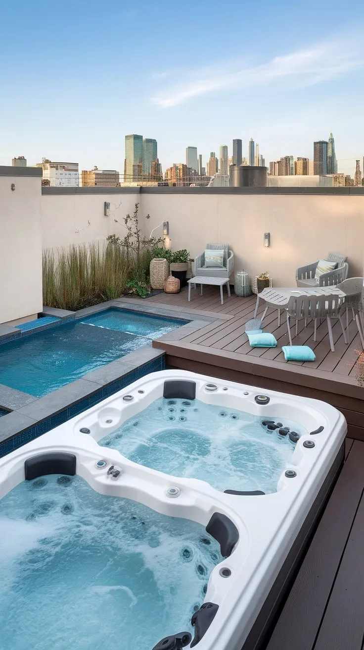 Imagine unwinding in this small rooftop pool, nestled amongst the city lights.  This plunge pool patio is a dream come true, featuring a hot tub and a thoughtfully designed pool deck with hot tub.  Perfect for those seeking spa patio ideas, this outdoor living space transforms a small backyard oasis into a private sanctuary.  Explore the possibilities of terrace pool design with this stunning example of a plunge pool and hot tub combination.