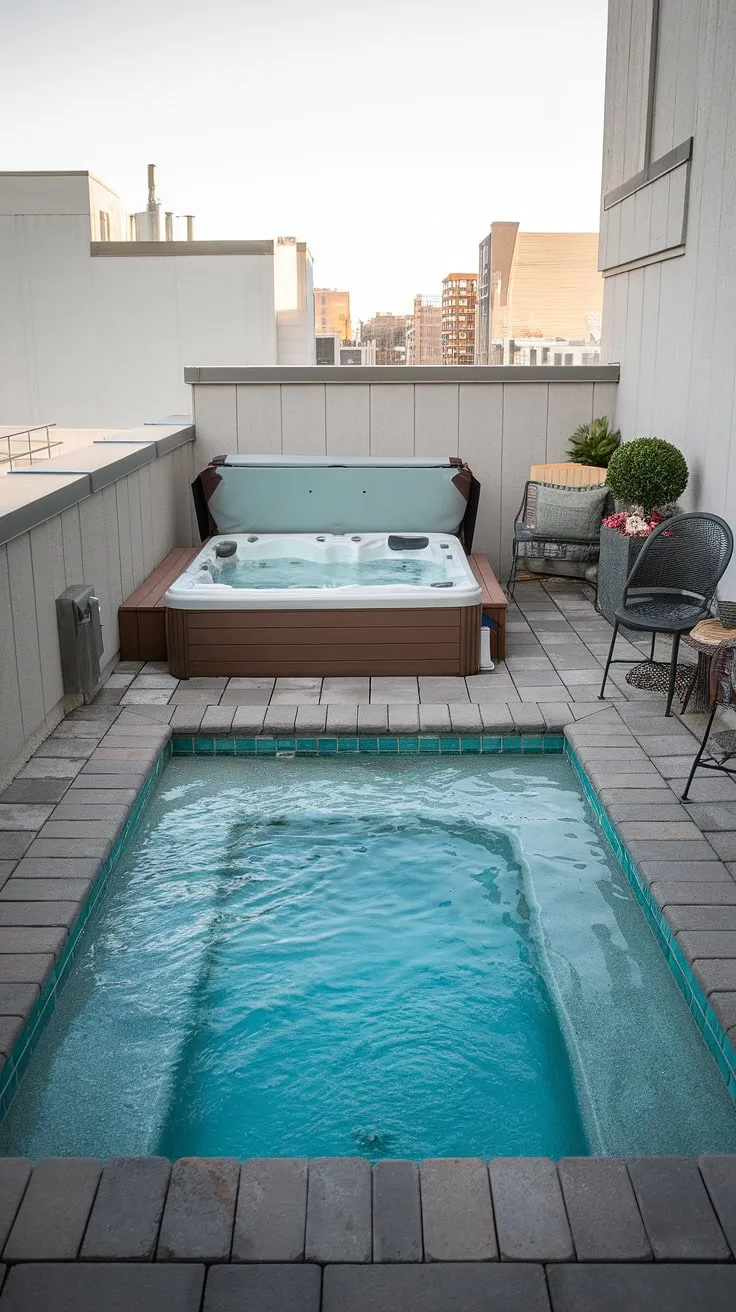 Escape the city bustle on this serene rooftop terrace.  The inviting plunge pool and adjacent hot tub create the ultimate small backyard oasis, perfect for relaxation and rejuvenation. This pool deck with hot tub offers inspiring hot tub ideas for your own outdoor living space, showcasing how even a small rooftop pool can transform into a luxurious spa patio.  This plunge pool patio is the epitome of small rooftop pool luxury.