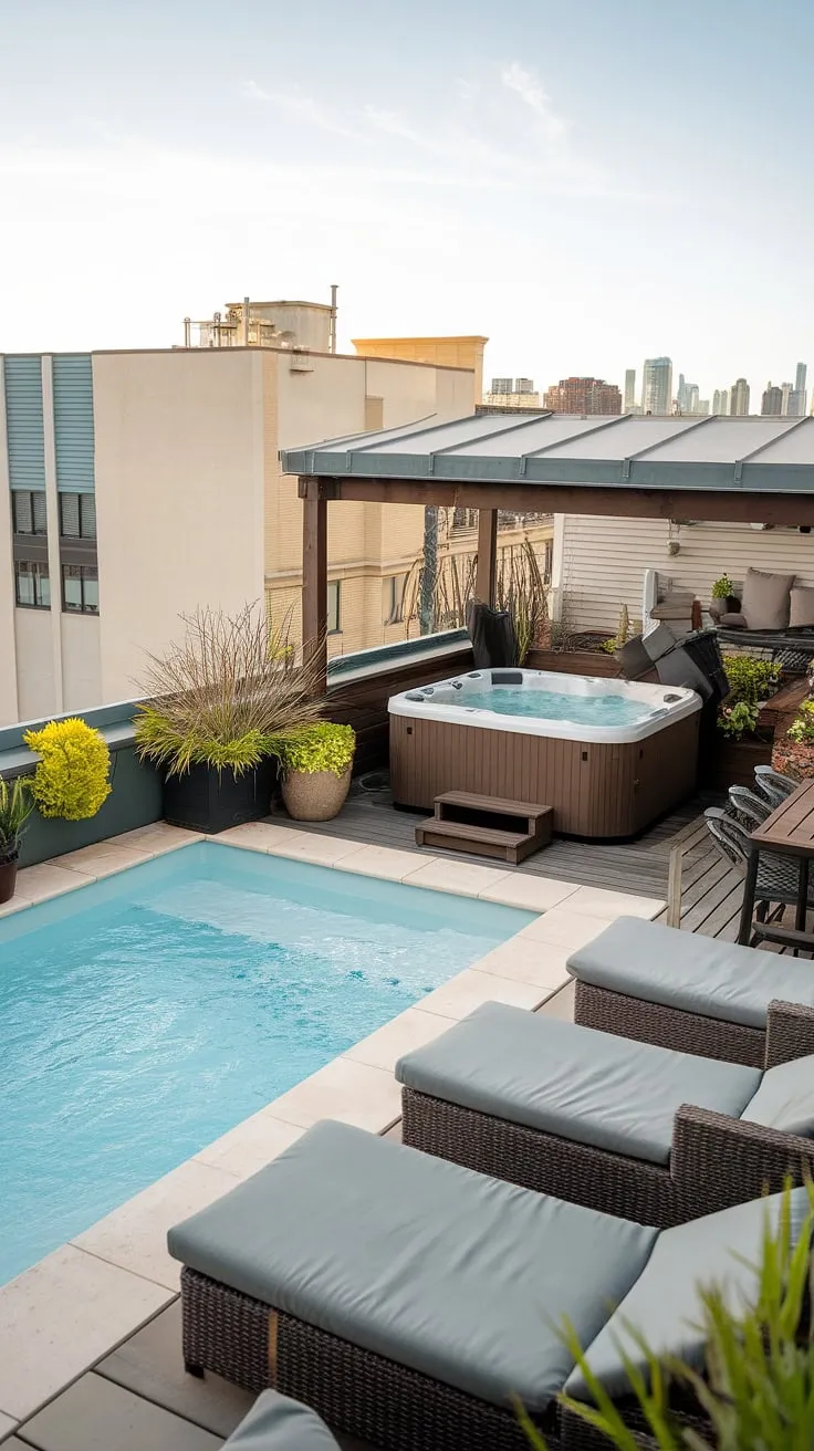Escape the everyday in this luxurious outdoor living space.  A small rooftop pool, specifically a plunge pool, offers refreshing dips, while the adjacent hot tub provides ultimate relaxation.  This pool deck with hot tub is the perfect example of hot tub ideas for creating a small backyard oasis or a stunning spa patio.  The terrace pool and its surrounding lounge chairs complete this idyllic plunge pool patio.