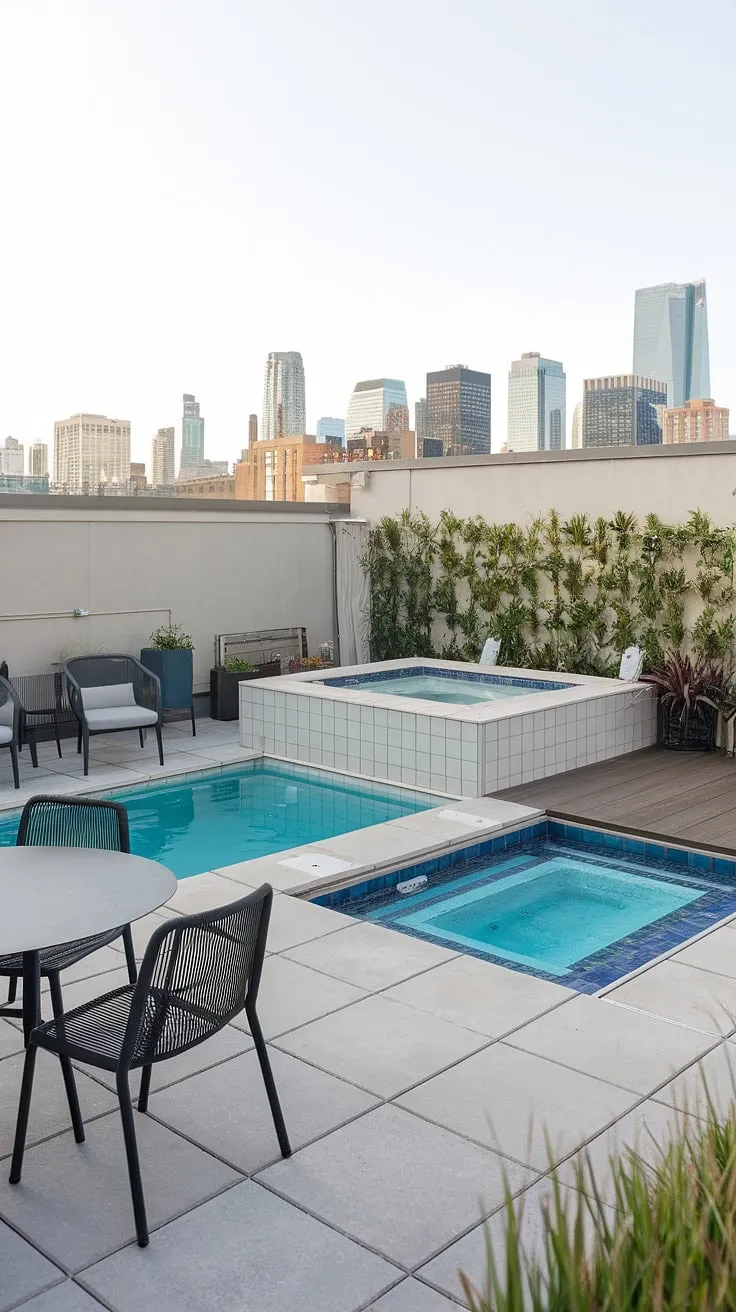 Indulge in luxury with this stunning small rooftop pool and spa.  This terrace pool features a hot tub and a refreshing plunge pool, creating a private oasis in the sky.  The pool deck with hot tub provides the perfect setting for relaxation and entertainment.  Transform your small backyard into a tranquil retreat with these inspiring hot tub ideas.  This plunge pool patio is the ultimate outdoor living space, offering a serene escape with breathtaking city views.