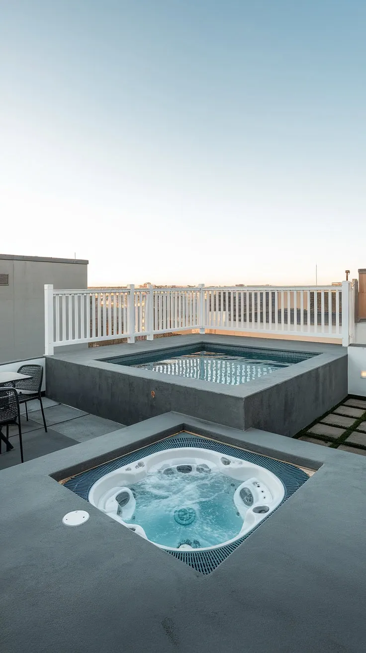 Imagine unwinding on this terrace pool, the city skyline a breathtaking backdrop. This small rooftop pool and adjacent plunge pool, complemented by a sleek hot tub, redefine rooftop pool luxury.  Find inspiration for your own hot tub ideas and create a small backyard oasis with this plunge pool patio design.