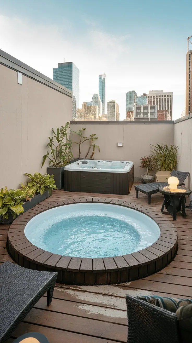 Imagine unwinding in this small rooftop pool, a private sanctuary featuring a plunge pool and hot tub nestled together.  This pool deck with hot tub showcases clever design for a small rooftop pool, transforming a limited space into a breathtaking plunge pool patio, brimming with inspiring hot tub ideas.