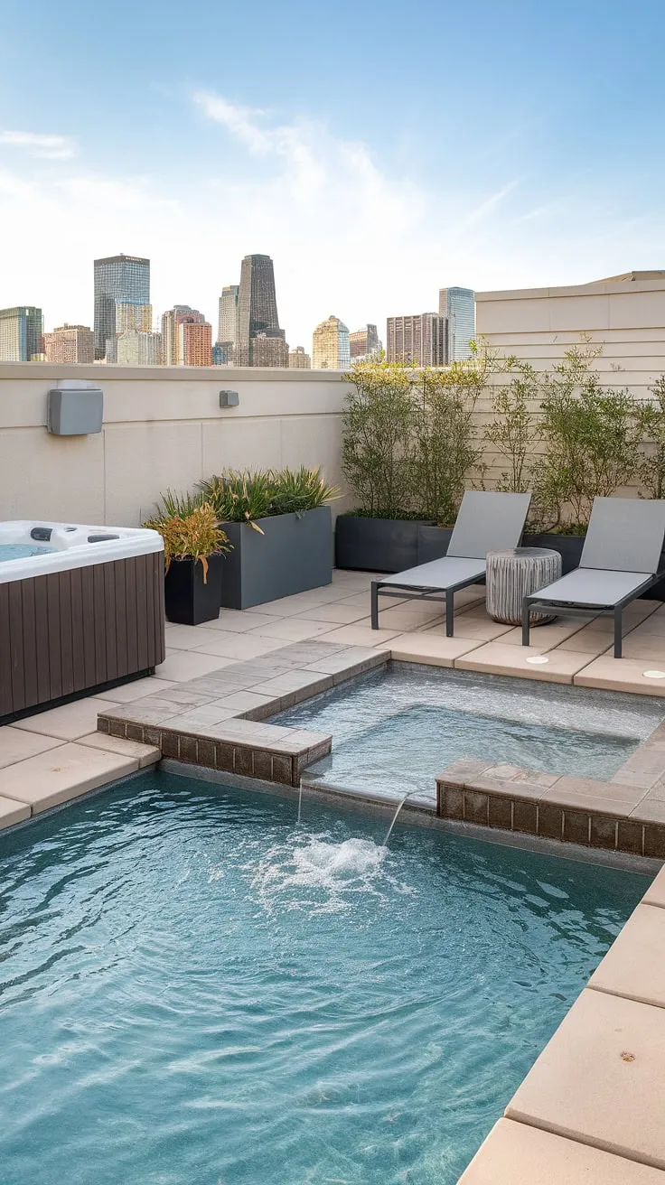 Escape the everyday in this luxurious outdoor living space.  A small rooftop pool, complete with a captivating plunge pool and bubbling hot tub, offers the ultimate in relaxation.  Perfect hot tub ideas for creating your own small backyard oasis or spa patio ideas for a plunge pool patio. This terrace pool and pool deck with hot tub redefine urban serenity.