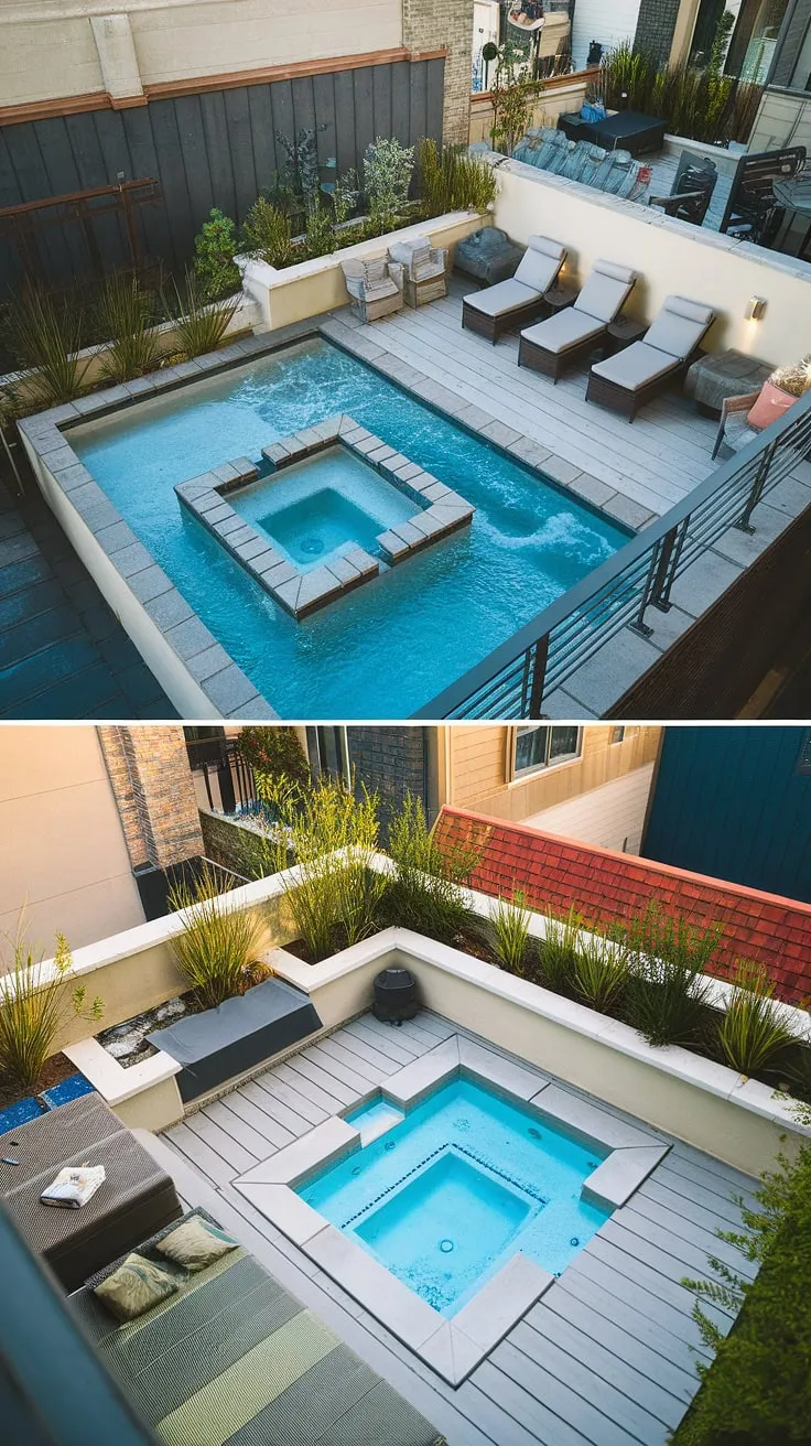Imagine unwinding in this stunning small backyard oasis, complete with a terrace pool and a rejuvenating plunge pool.  Hot tub ideas are effortlessly incorporated into the pool deck with hot tub design, creating the perfect blend of luxury and comfort.  The small rooftop pool adds a touch of unexpected elegance, while the spa patio ideas provide the ultimate space for relaxation. This outdoor living space is a testament to how even a small space can become a breathtaking plunge pool patio.