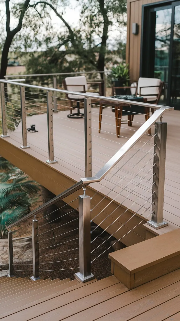 Elevated style meets sleek design. This modern deck's stainless steel cable railing, a stunning example of terrace railing, perfectly complements the modern balcony and patio railing aesthetic. The deck railing design offers unobstructed views, showcasing the beauty of a modern deck.