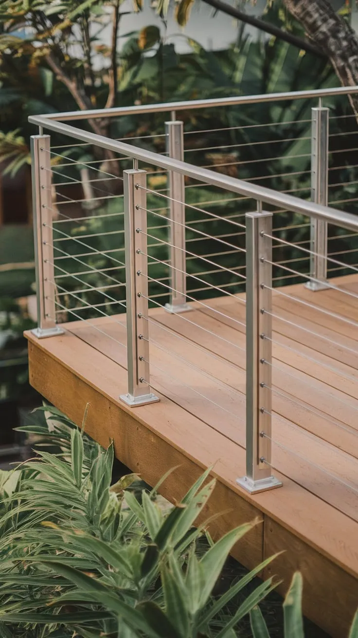Clean lines and stunning views define this modern balcony. The patio railing, a striking stainless steel cable railing, seamlessly integrates with the modern deck's wooden construction. This deck railing design, with its elegant steel cable railing, provides a safe and stylish boundary, ideal for balcony railings or any outdoor space requiring a touch of contemporary flair.