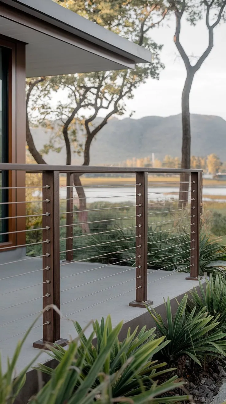 Modern elegance meets breathtaking views: this stainless steel cable railing transforms a simple modern balcony into a stunning terrace. The sleek design of this patio railing complements the modern deck and surrounding landscape perfectly.