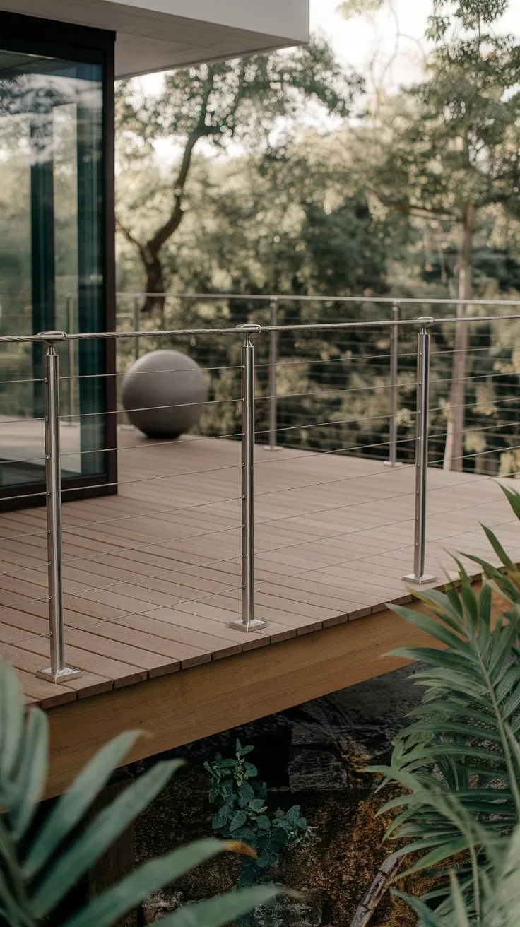 Elevated style meets effortless grace. This modern deck, complete with a sleek stainless steel cable railing, offers breathtaking views and a touch of contemporary elegance. The perfect blend of modern railing and outdoor living.