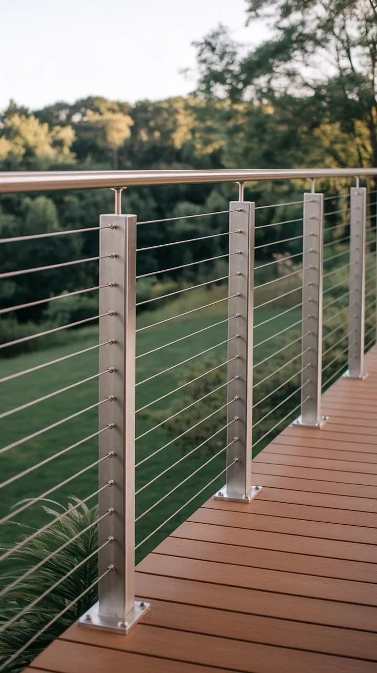 This modern deck's sleek design is perfectly complemented by a stunning stainless steel cable railing. The terrace railing system, with its precisely tensioned steel cables and polished stainless steel posts, offers a clean, contemporary aesthetic while ensuring safety and unobstructed views of the lush landscape below. This modern railing system would be equally at home on a modern balcony or as a patio railing, showcasing the versatility of this deck railing design.