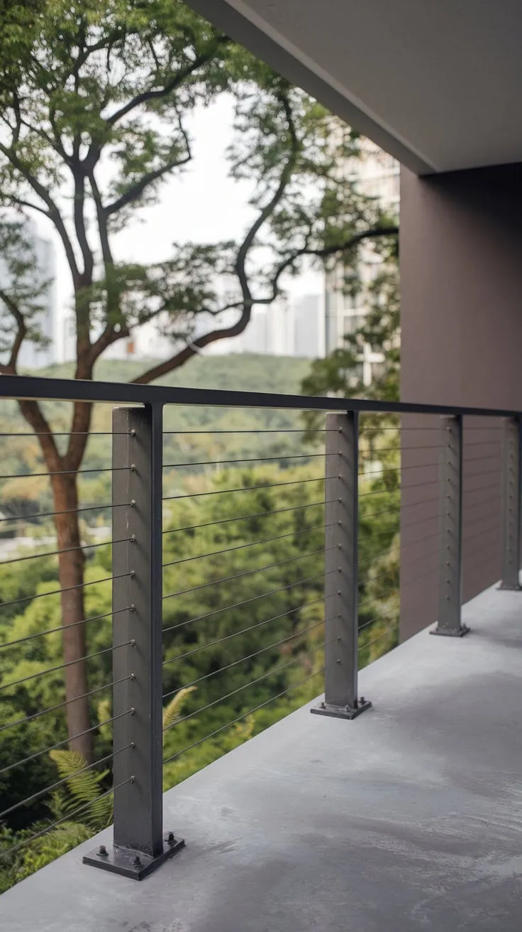 This stunning balcony railings system showcases a contemporary deck railing design. The elegant steel cable railing, crafted from durable stainless steel cable railing, offers unobstructed views of the lush greenery below. The dark grey posts of this patio railing perfectly complement the modern balcony and its concrete flooring, creating a seamless transition between indoor and outdoor spaces. This modern railing is a perfect example of how a terrace railing can enhance both aesthetics and functionality.