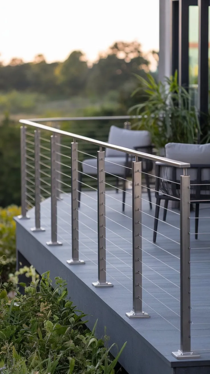 Clean lines and breathtaking views meet in this modern deck design. The sleek stainless steel cable railing, a perfect example of modern railing, acts as a stylish yet secure barrier on this expansive terrace. The steel cable railing complements the minimalist aesthetic, creating a seamless transition between the modern balcony and the lush landscape beyond. This patio railing and deck railing design offers both safety and sophisticated style.