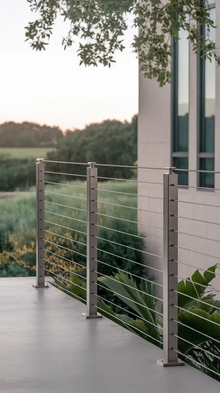 Clean lines and minimalist design define this modern balcony, showcasing a sleek stainless steel cable railing. The terrace railing's strength and elegance perfectly complement the modern deck and surrounding landscape, offering a stunning view while maintaining a sense of openness. This patio railing and balcony railings system exemplifies contemporary deck railing design.