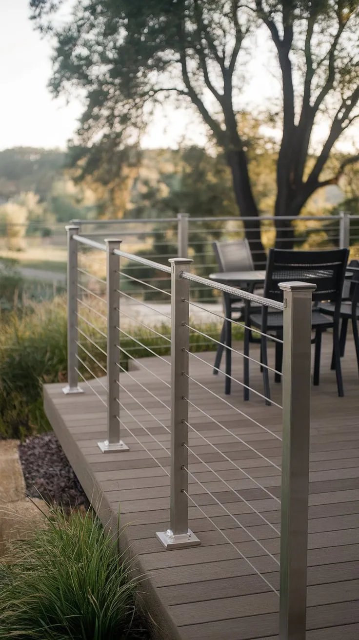 A serene escape awaits on this modern deck, featuring a sleek stainless steel cable railing that seamlessly blends modern design with the surrounding landscape. The minimalist terrace railing, a perfect example of modern railing design, offers unobstructed views of the lush greenery beyond. This patio railing, equally suitable for balcony railings, enhances the overall aesthetic of the modern balcony and modern deck.