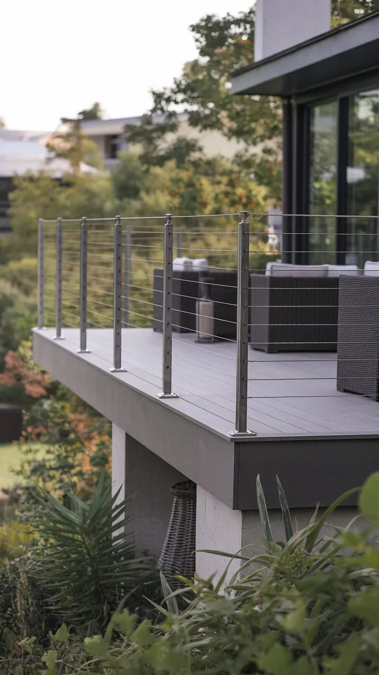 This serene outdoor space features a modern deck with a striking steel cable railing. The stainless steel cable railing offers a contemporary aesthetic, creating a seamless transition between the elevated deck and the surrounding landscape. This patio railing, part of a thoughtful deck railing design, is both functional and visually appealing, making it a perfect choice for modern balcony and terrace railing applications. The overall effect is one of understated elegance.