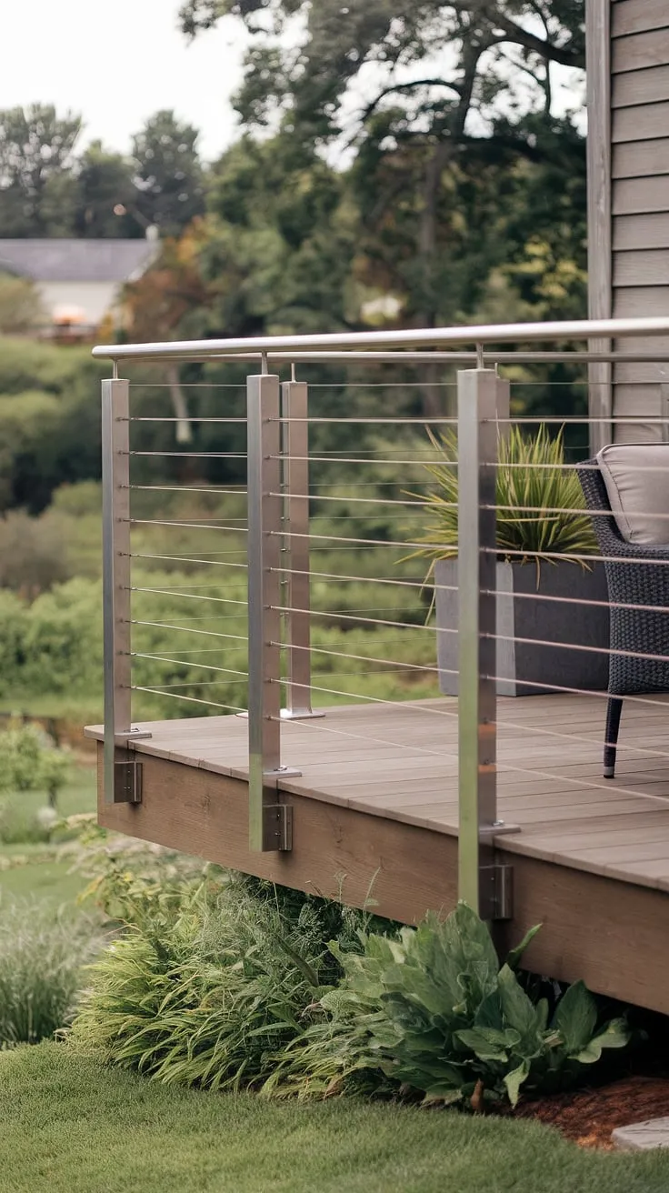 A modern deck, elevated above a vibrant green landscape, features a sleek stainless steel cable railing. The minimalist design of this terrace railing complements the modern balcony aesthetic, while the sturdy steel cable railing ensures safety and unobstructed views. A potted plant and chair add a touch of comfort to this stylish outdoor space, showcasing the perfect deck railing design. This patio railing and balcony railings system exemplifies modern railing trends.