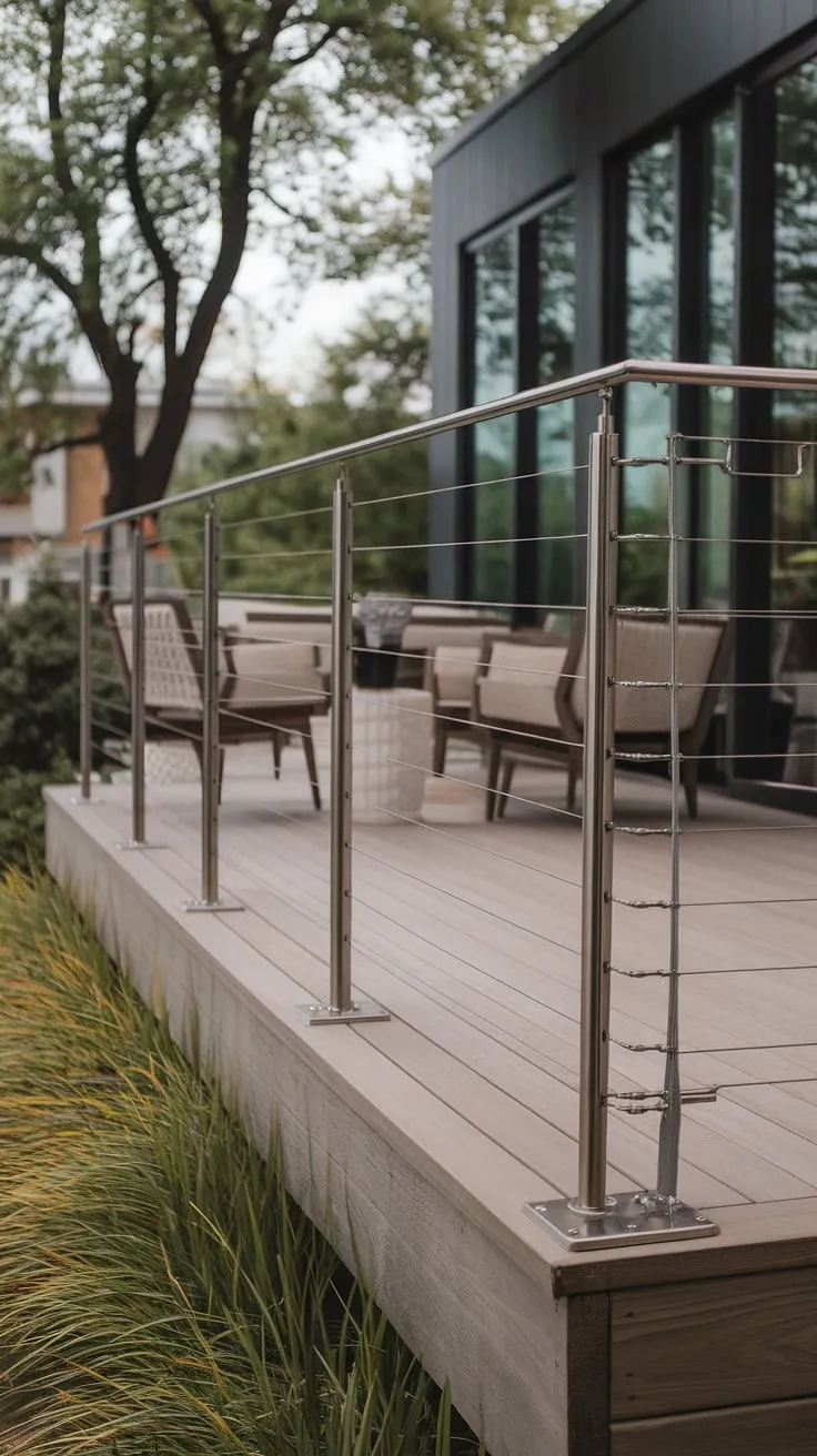 Modern living elevated. This steel cable railing, a stunning example of modern railing design, provides a safe and stylish boundary for your modern deck, seamlessly integrating with the surrounding landscape. Consider this terrace railing, or similar balcony railings, for your next outdoor project.