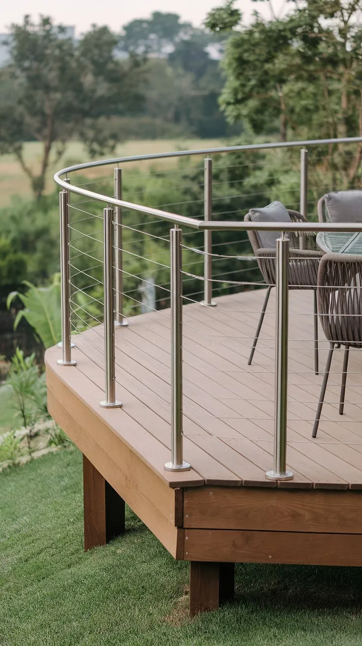 This modern deck boasts a sleek stainless steel cable railing, a perfect example of modern railing design. The terrace railing, crafted from strong steel cable, elegantly wraps around the wooden support post, creating a safe and stylish patio railing. The elevated design overlooks a vibrant green landscape, making it an ideal modern balcony or extension of a home.