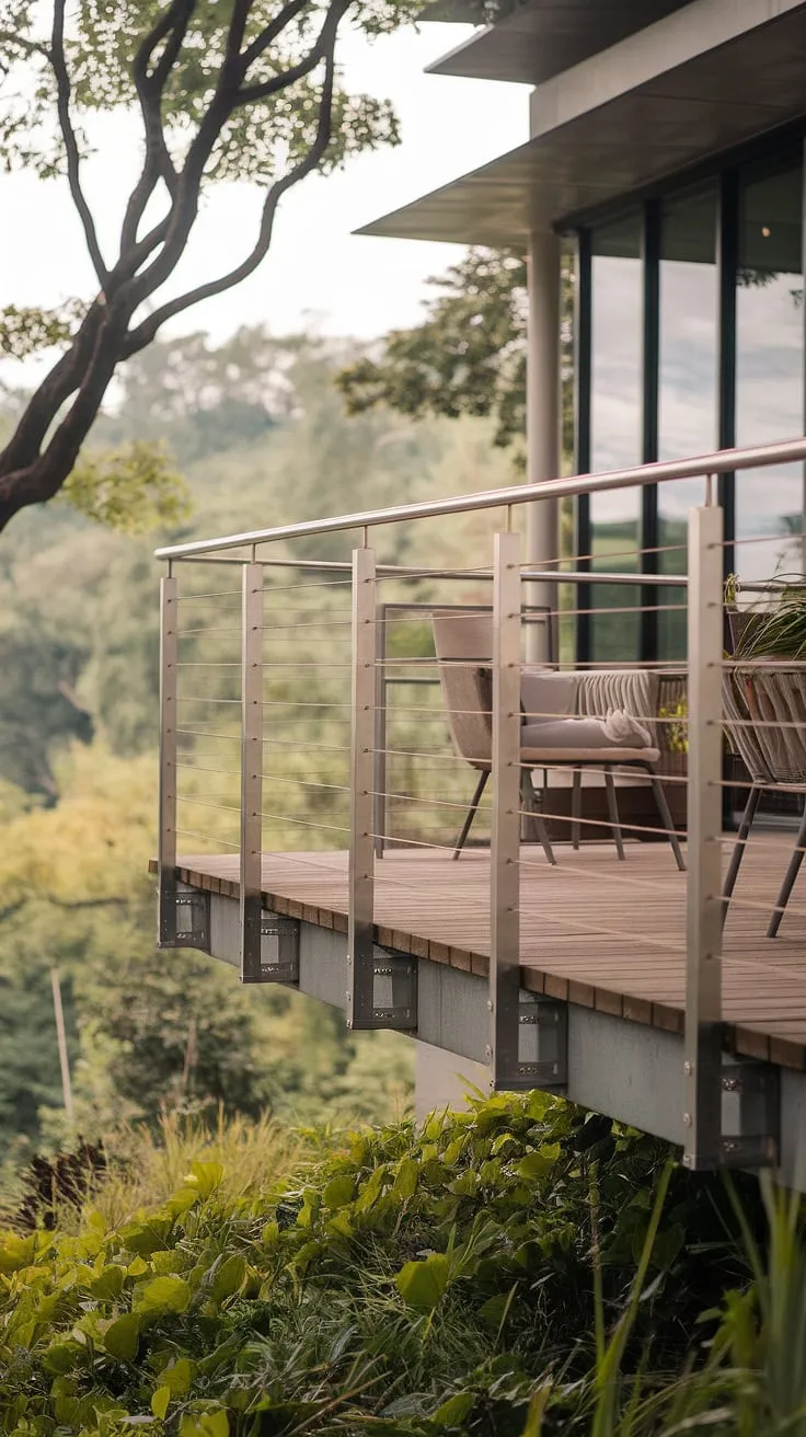 A serene modern balcony overlooks a lush landscape, its minimalist design highlighted by a sleek stainless steel cable railing. The modern deck railing, a perfect example of contemporary deck railing design, complements the wooden deck and offers a safe and stylish boundary. The steel cable railing's clean lines enhance the overall aesthetic, creating a tranquil space perfect for relaxation. This patio railing and the terrace railing system seamlessly integrate with the modern architecture of the building.