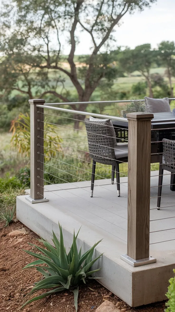 This modern terrace, complete with a stunning steel cable railing, seamlessly blends indoor and outdoor spaces. A perfect example of contemporary balcony railings and deck railing design for a modern balcony or patio railing.