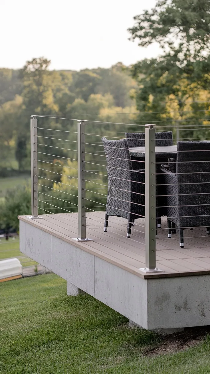 Elevated views and sleek style: This modern deck boasts a stunning stainless steel cable railing, a perfect blend of safety and contemporary design for your modern balcony or terrace. The terrace railing's clean lines complement the patio railing and overall deck railing design.