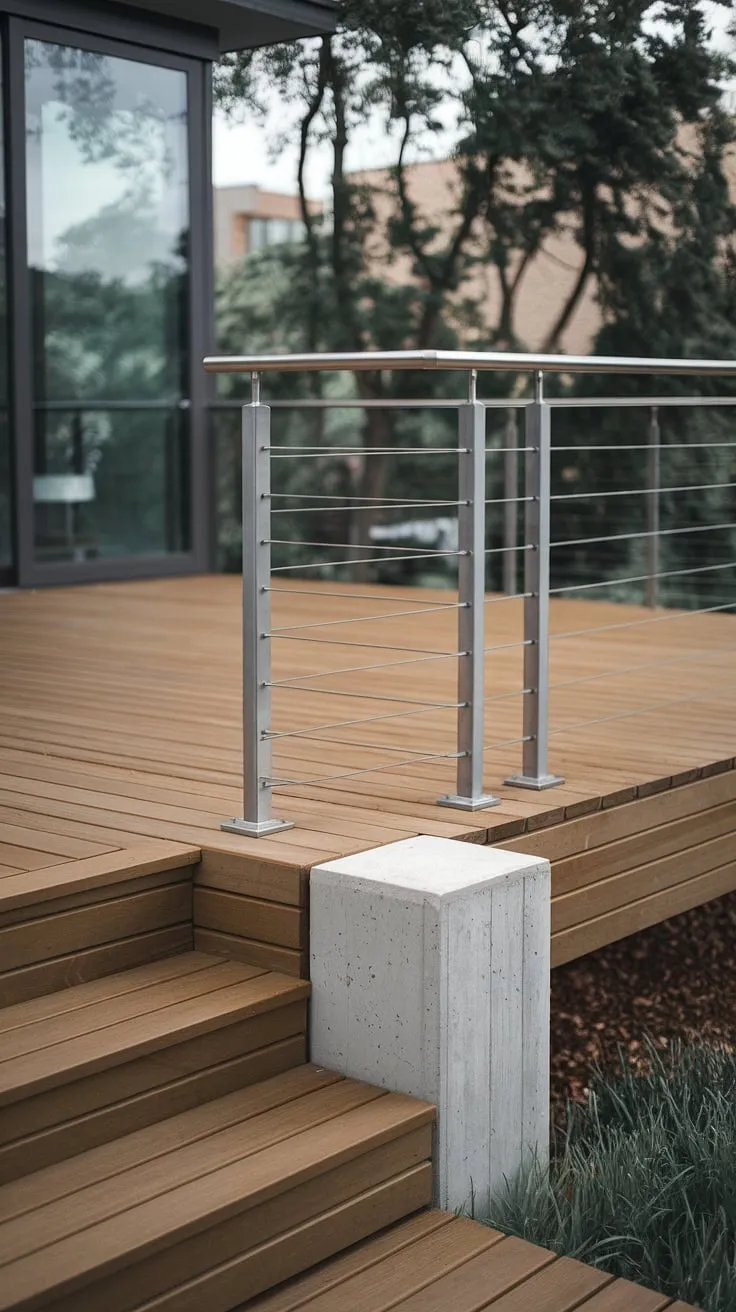 This modern deck, elevated above the tranquil surroundings, features a sleek stainless steel cable railing. The minimalist design of the terrace railing complements the modern balcony aesthetic, while the sturdy steel cable railing ensures safety and unobstructed views. The deck railing design is both elegant and functional, creating a perfect blend of style and security for this modern balcony.