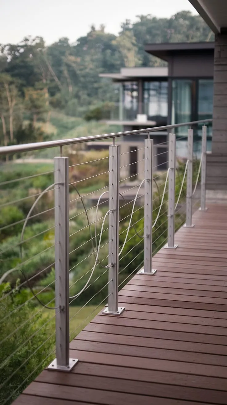 A serene view unfolds from this modern deck, its sleek stainless steel cable railing a perfect complement to the lush landscape below. The elegant wave pattern of the steel cable railing, a stunning example of modern railing design, creates a sense of airy openness. This terrace railing, also ideal for patio railing or balcony railings, seamlessly blends contemporary architecture with natural beauty. The deck railing design offers both safety and style, enhancing the overall appeal of this modern balcony and modern deck.