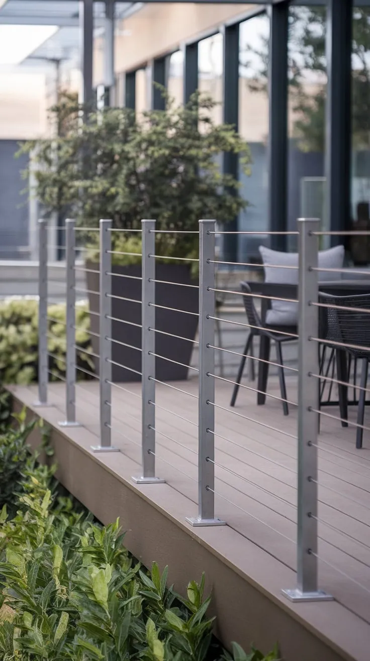 This modern deck's stunning steel cable railing – a perfect example of contemporary deck railing design – blends seamlessly with the lush surroundings. A stylish and safe terrace railing solution for modern balconies and patios.