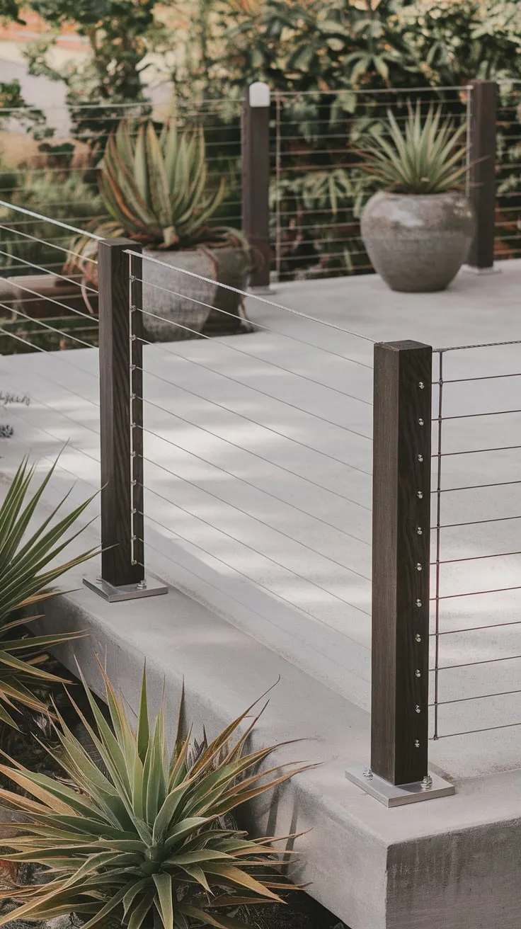 This elevated patio boasts a stunning modern railing system, showcasing a durable and aesthetically pleasing steel cable railing. The stainless steel cable railing is a perfect example of modern deck design, offering unobstructed views while maintaining safety. The dark wood posts and concrete patio create a sophisticated backdrop, making this patio railing a highlight of the space. Consider this deck railing design for your own modern balcony or terrace; it's a perfect blend of form and function, suitable for various balcony railings and terrace railing applications.