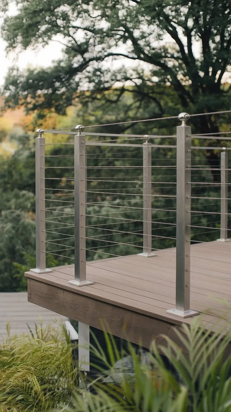 Modern elegance meets serene nature with this stunning stainless steel cable railing. The perfect terrace railing solution for a modern deck or balcony, offering sleek style and unobstructed views.