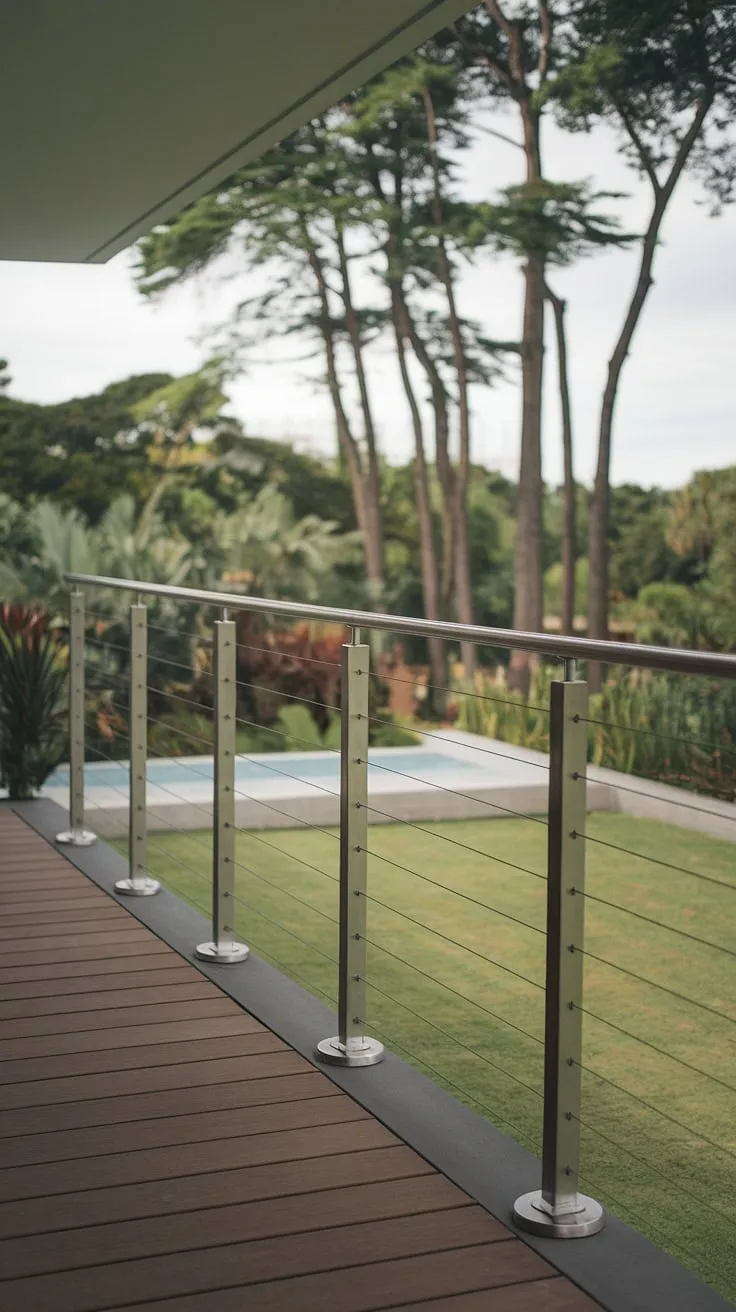 The serene ambiance of this modern balcony is enhanced by the elegant terrace railing. A stainless steel cable railing system provides a clean, contemporary look, while the circular post bases add a touch of sophistication. This modern railing system, perfect for both patio railing and balcony railings, complements the warm tones of the modern deck. The deck railing design allows for an uninterrupted view of the tranquil garden, making this outdoor space a true haven of peace.