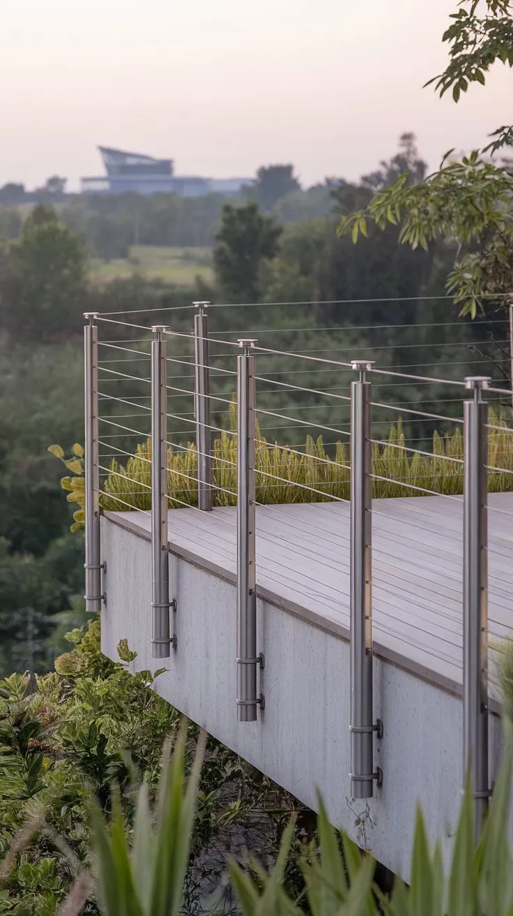 This modern balcony's steel cable railing, a stunning example of deck railing design, seamlessly integrates with the lush surroundings. A perfect patio railing solution for a contemporary home.