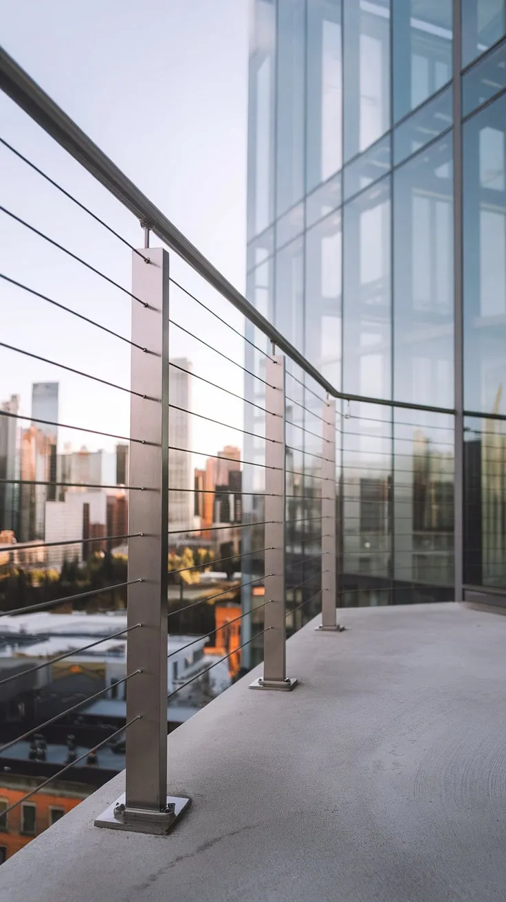 This modern deck boasts a stunning steel cable railing, seamlessly blending minimalist design with panoramic cityscape views. The perfect patio railing and balcony railings solution for a modern balcony.