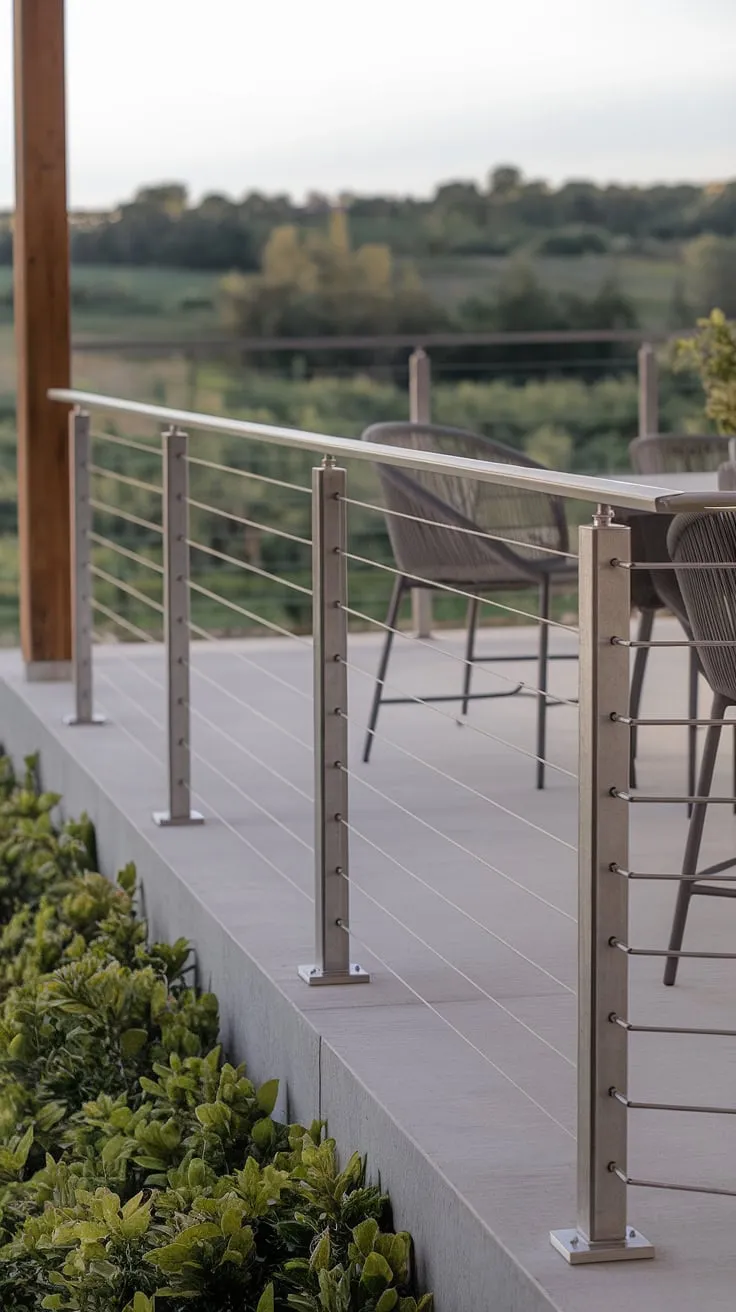 The minimalist design of this modern deck is perfectly complemented by the sleek stainless steel cable railing. The terrace railing's clean lines create a sense of openness, showcasing the stunning greenery beyond. This modern railing system, also ideal for balcony railings or patio railing applications, offers a blend of style and safety. The deck railing design is a testament to modern architecture, transforming this modern balcony into a tranquil outdoor haven.